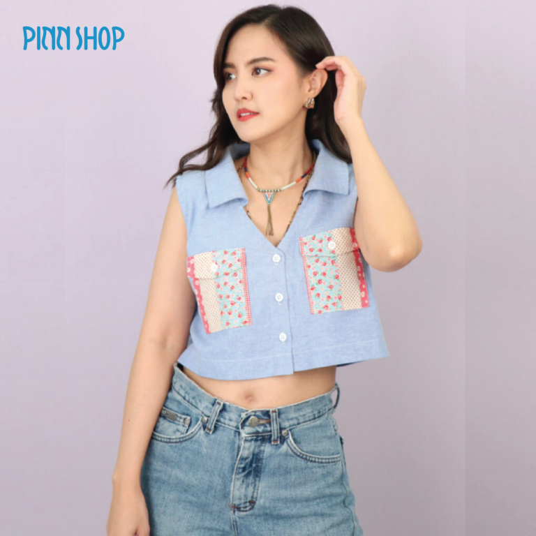 แพทเทิร์นเสื้อครอปคอวีมีปก กระดุมผ่าหน้าแขนกุด