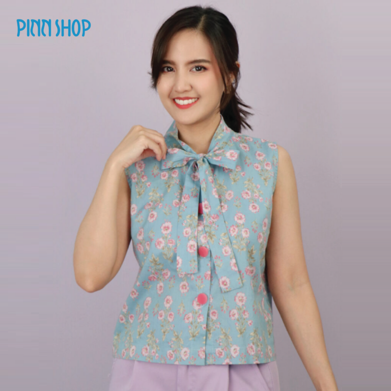 แพทเทิร์นเสื้อคอผูกโบว์ มีกระดุมผ่าหน้าแขนกุด