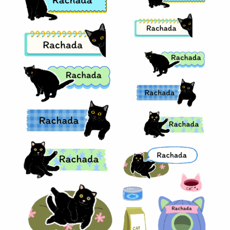 สติกเกอร์ UV DTF แมวดำ 01 | ป้ายชื่อคัสตอมใส่ชื่อได้ UV DTF Sticker Black Cat | Custom Name Label Set