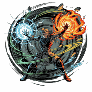 เสื้อยืดลายนักรบพลังธาตุคู่: ไฟและสายฟ้า