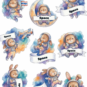 สติกเกอร์ UV DTF ลาย Space Bunny ใส่ชื่อได้