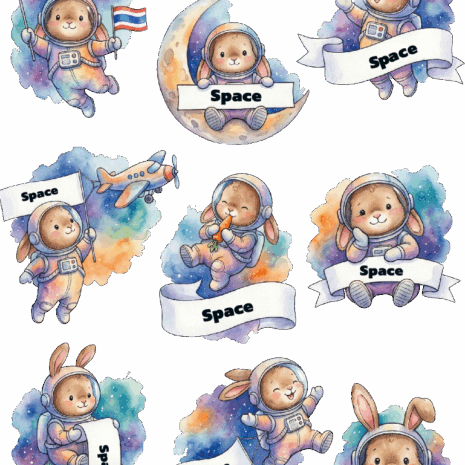 สติกเกอร์ UV DTF ลาย Space Bunny ใส่ชื่อได้