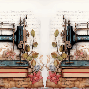 แก้วมัคลายจักรเย็บผ้าวินเทจและดอกไม้