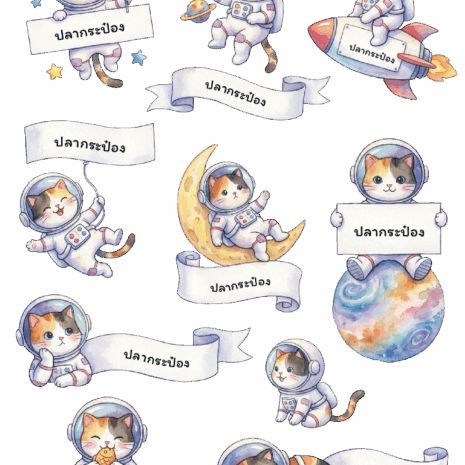 สติกเกอร์ UV DTF ลาย Soft Space Cat ใส่ชื่อได้