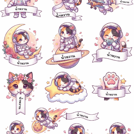 สติกเกอร์ UV DTF ลาย Sweet Space Cat ใส่ชื่อได้