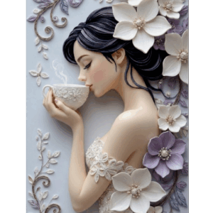 3D Patch หญิงสาวจิบกาแฟในสวนดอกไม้