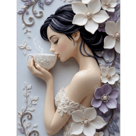 3D Patch หญิงสาวจิบกาแฟในสวนดอกไม้