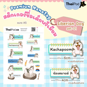 Premium NameTag สติกเกอร์ชื่อเด็ก UV DTF นูน วาว กันน้ำ ติดรองเท้า ขวดน้ำ กล่องข้าว ของใช้ไปโรงเรียน ลาย Siberian dog set-01